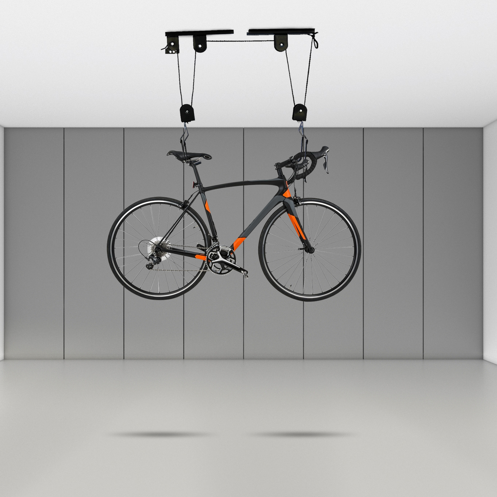 Sollevatore per bicicletta Paranco per bici Garage Montaggio a soffitto Sistema di pulegge Ganci per rack Set di grucce per bici 60 kg per esposizione di stoccaggio per garage