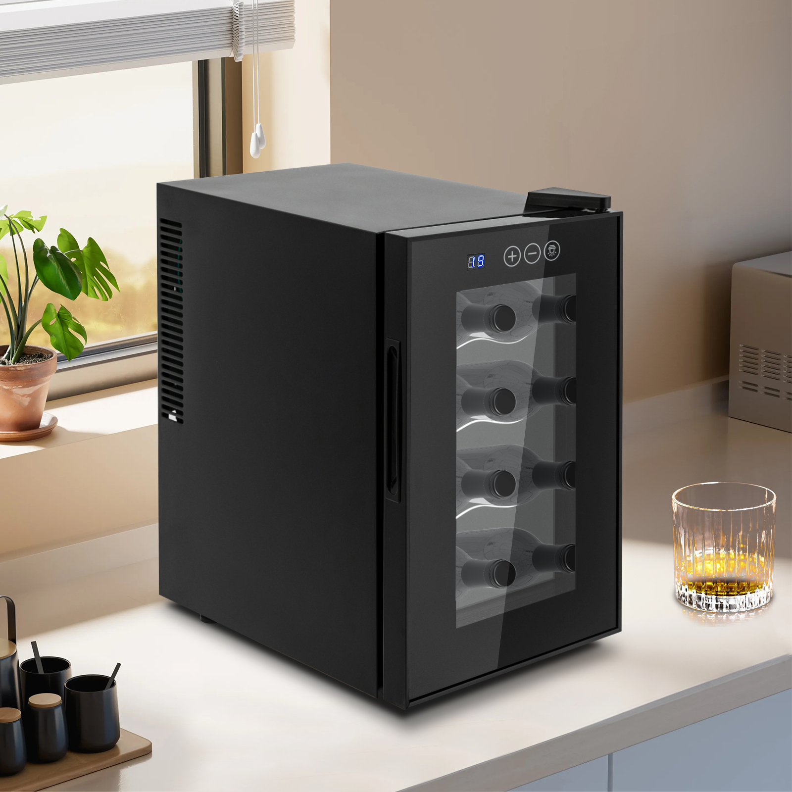 23L 8 Flaschen Weinkühlschrank Aufbewahrungsschrank Schwarz Halbleiterkühler 8-18 ° C Intelligente Temperaturregelung LED-Anzeige