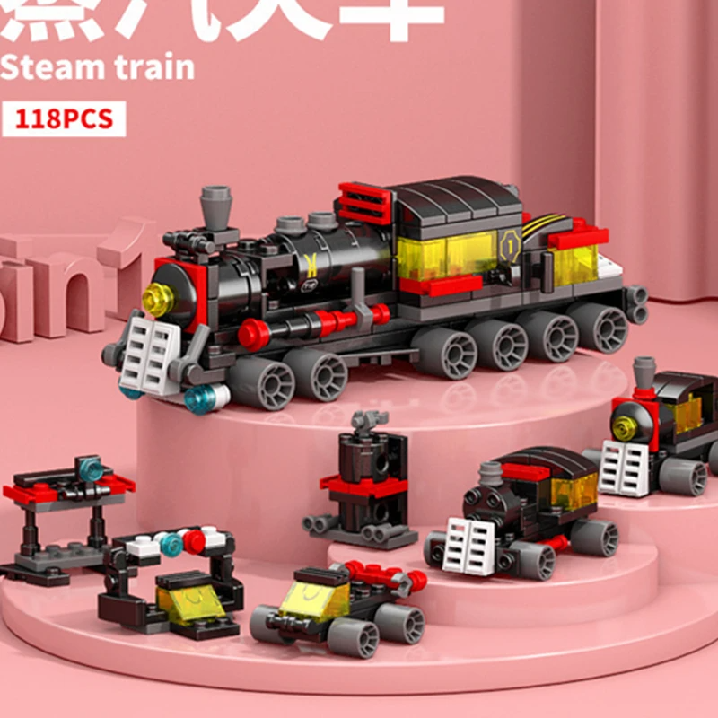 Diy 6 em 1 trem pista robô veículo caminhão blocos de construção kit meninas tijolos filme modelo crianças haste educacional aniversário meninos brinquedos