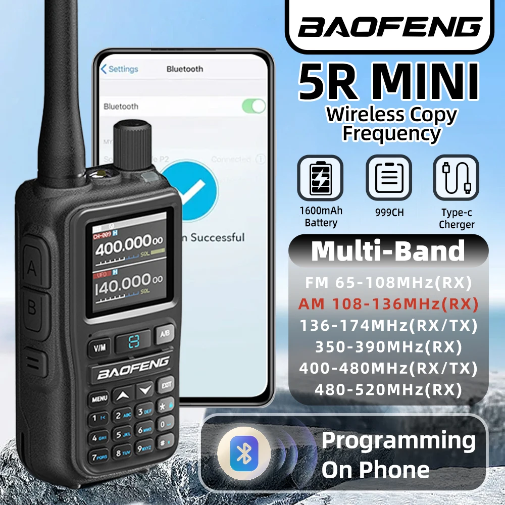 2PCS BAOFENG Walkie Talkie UV-5R Mini Dual PTT Multi Band Bluetooth Programmierung Rx 5WCompact VOX FM Amateur Radio typ-C Ladung