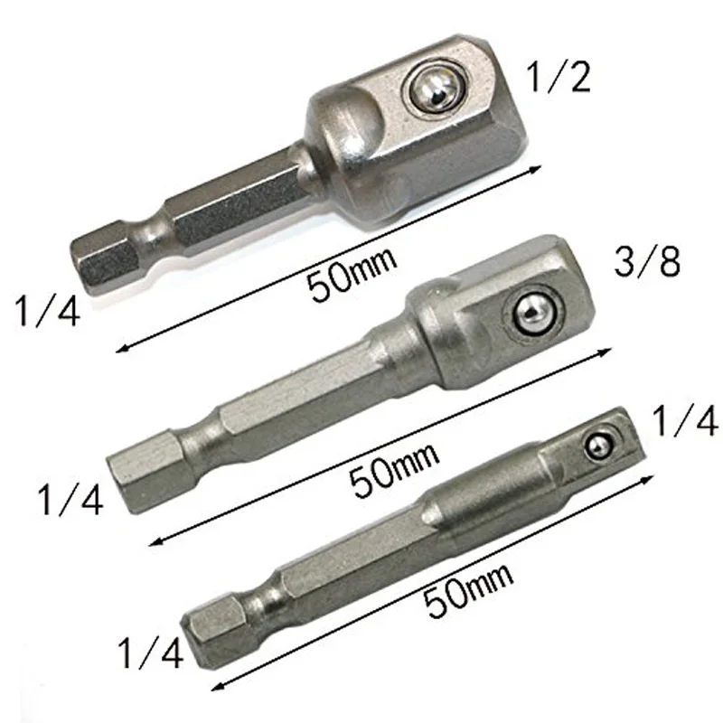 SenNan 3pcs Impact Socket Adapter 1/4 3/8 1/2" Nut Driver Sockets Hex Shank Extension For Screwdriver Handle Tool Black/Silver