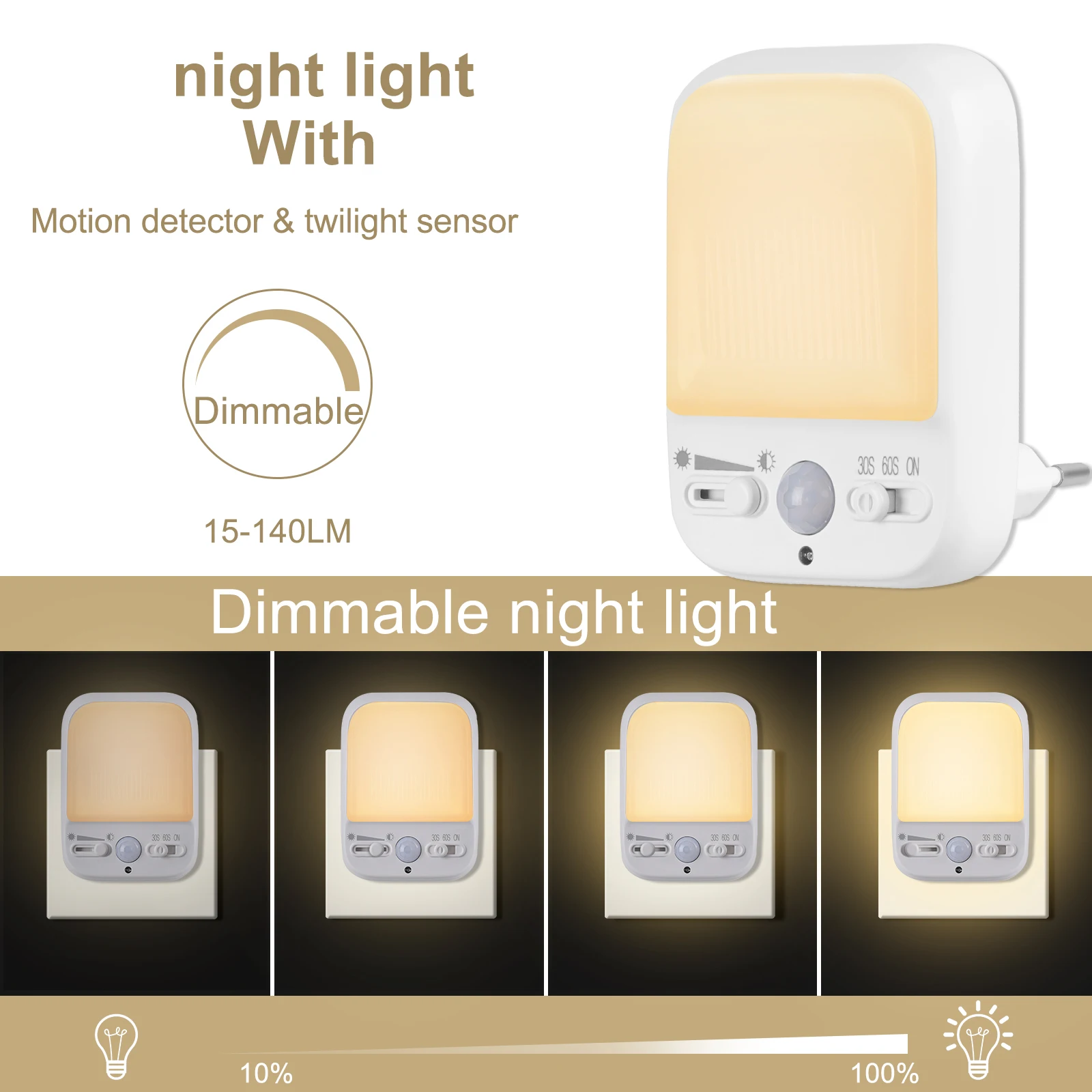 Enchufe de luz nocturna Luz nocturna regulable con sensor de movimiento interior, 30s/60s Luz nocturna LED de encendido/apagado automático Enchufe para niños