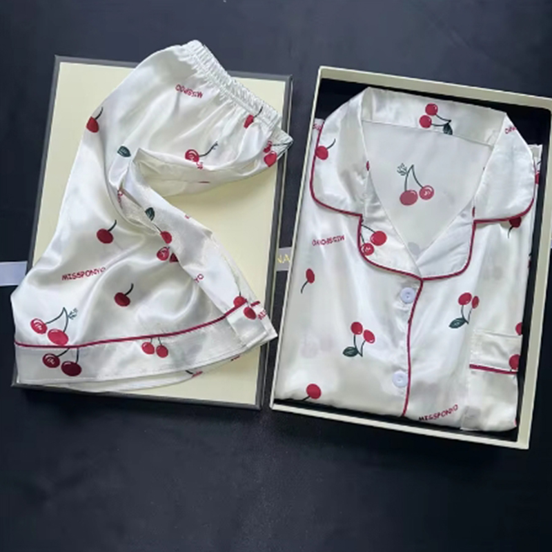 Cereja impressão duas peças pijamas conjunto verão falso mancha pijamas moda casa roupas senhoras shorts casuais e conjunto superior pijamas