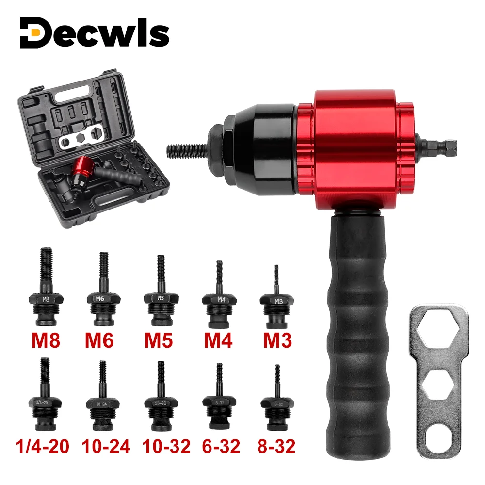 Arma de porca de rebite M3-M8, adaptador de porca de rebite elétrico removível, ferramenta de rebitagem manual DIY doméstica, conjunto de ferramentas de rebitagem de porca de inserção com rosca com chave