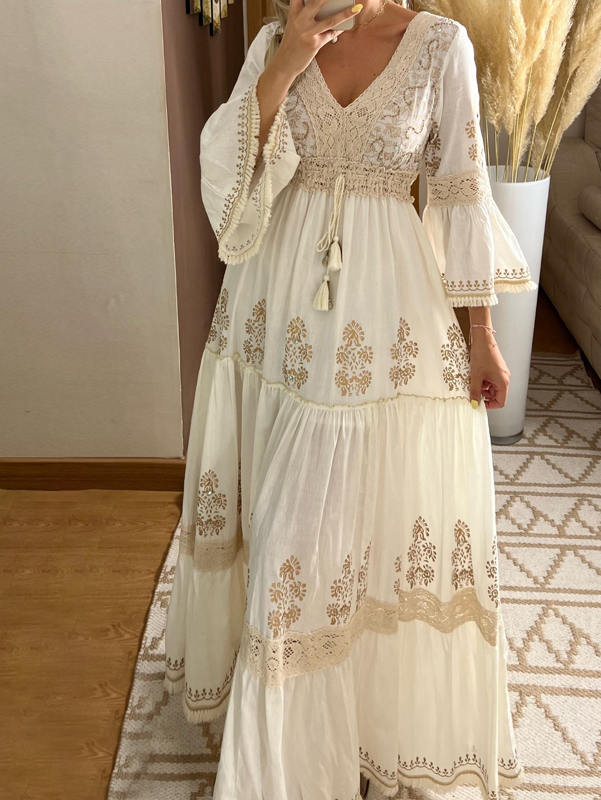 Damen Herbst Lässiges Langes Kleid Blumendruck Spitze V-Ausschnitt Langarmkleid Mode Urlaub Maxikleid Elegante Klassiker Vielseitigkeit