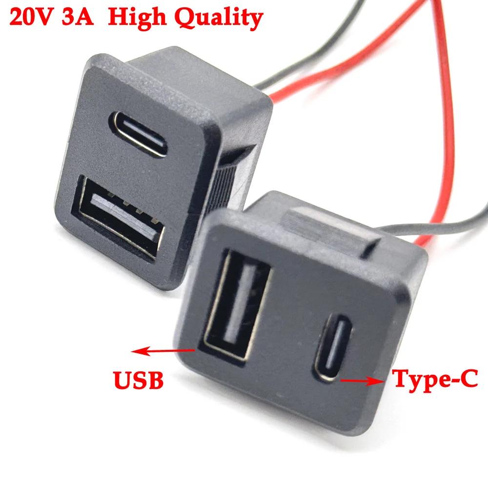 1/3PCS 20V 3A Double layer USB female base type-c socket a female USB lamp charging socket power socket with cable 3A connector