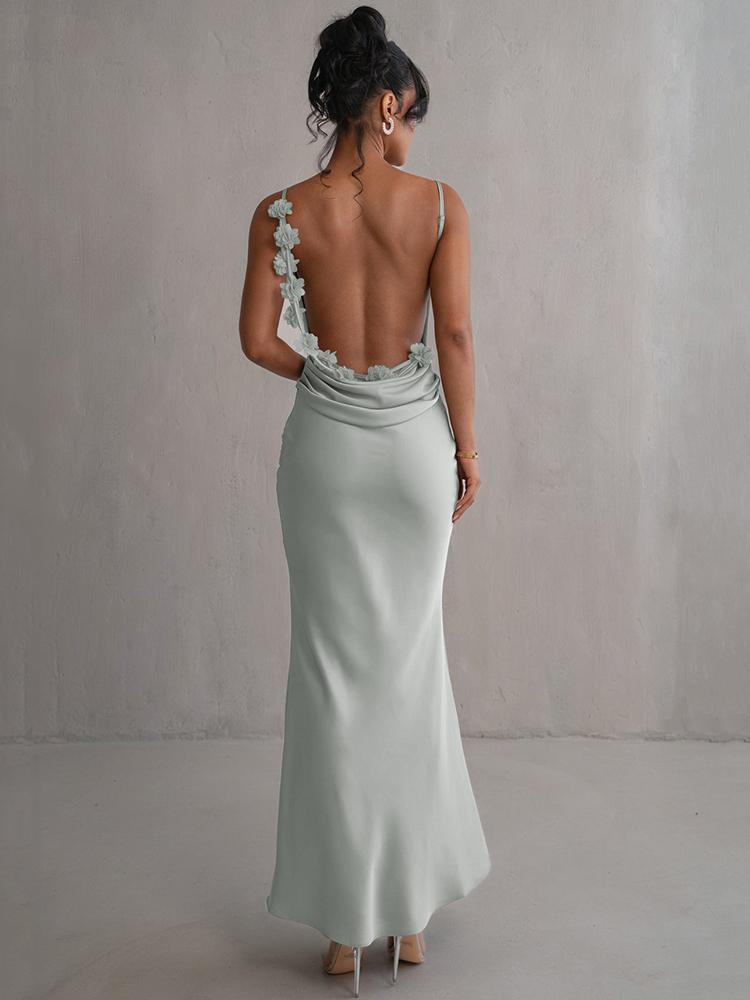 Mozision Floral drapiertes rückenfreies Maxi-langes Kleid für Damen, modisch, Spaghettiträger, ärmellos, figurbetont, Abendpartykleid, elegant