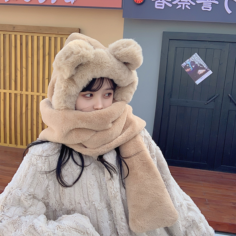 Conjunto de tres piezas para mujer, gorro de oso engrosado, bufanda todo en uno, guantes cálidos de ciclismo, versión coreana, moda linda, nuevo, Invierno