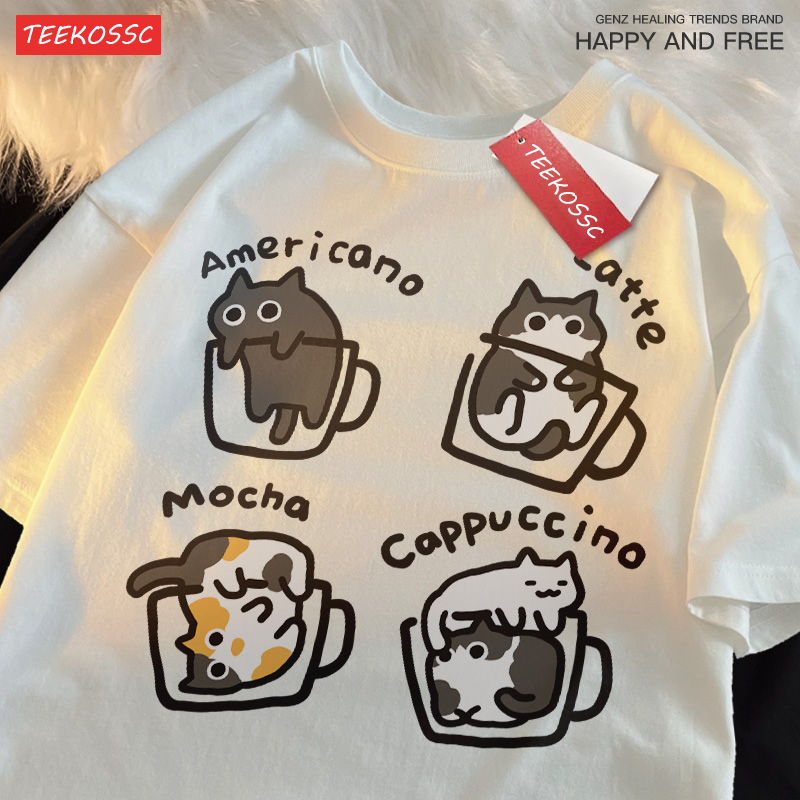 แมวกาแฟผ้าฝ้ายอินเทรนด์ฤดูร้อนหลวมแขนสั้นเสื้อยืดผู้ชายผู้หญิง Original Mocha Latte แมวสามดอกไม้สนุก Cat Tees