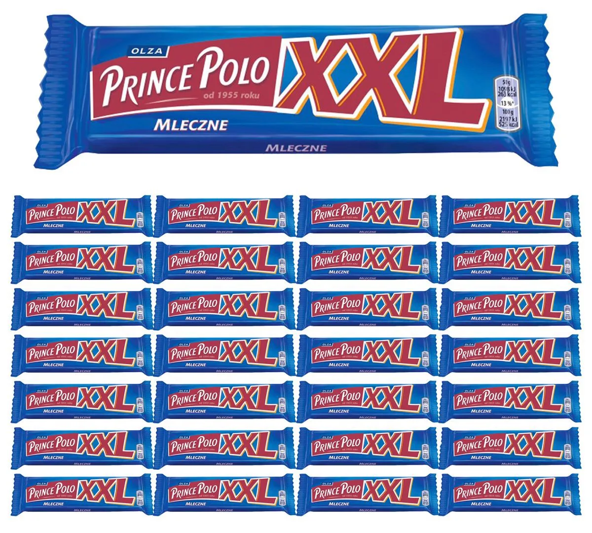 Prince Polo XXL Mleczne Kruchy wafelek z kremem kakaowym oblany czekoladą mleczną 50 g x 28g
