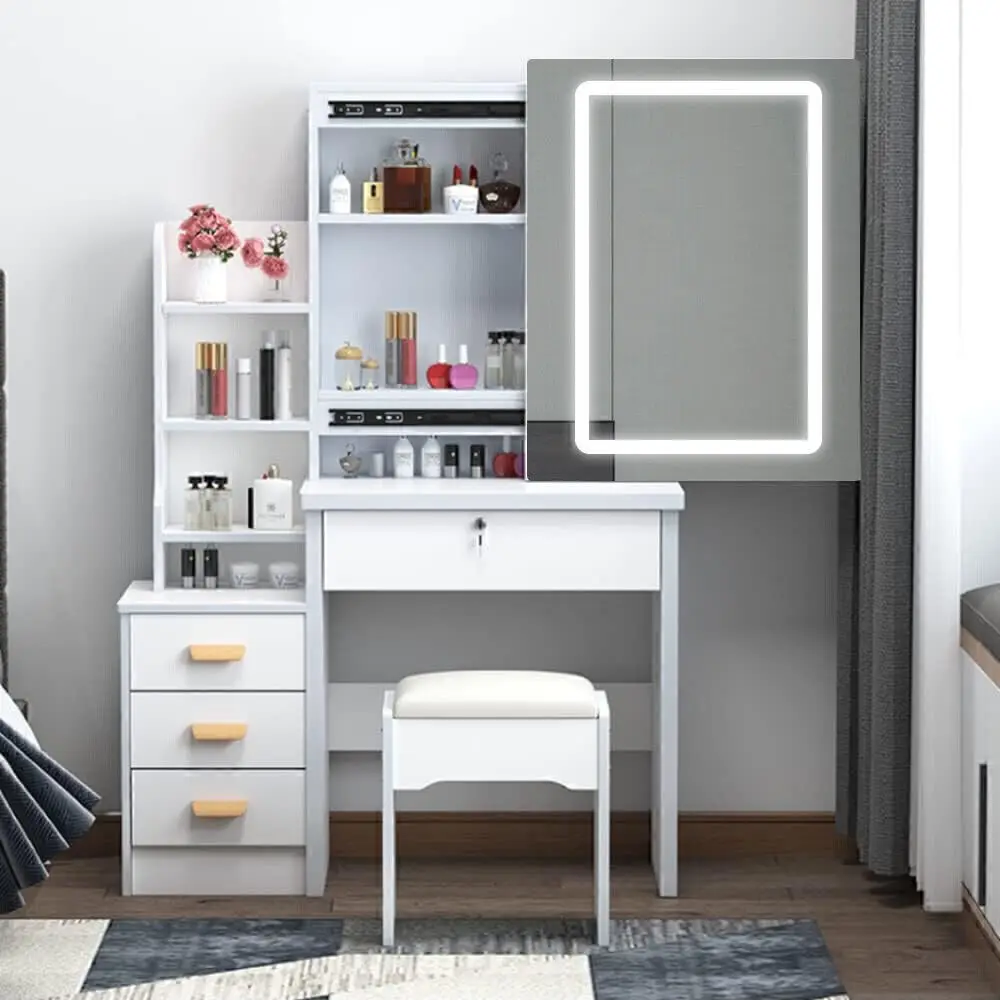 Toeletta con luci a LED e luminosità regolabile, scrivania con specchio, 4 cassetti, 6 ripiani nascosti e sgabello