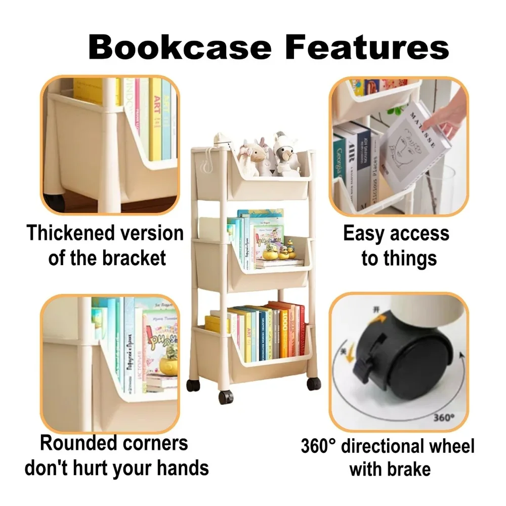 ตู้หนังสือเด็ก Rack เฟอร์นิเจอร์ล้อที่ถอดออกได้ชั้นวางหนังสือขนาดเล็กล้อรถเข็นบ้านของเล่นอ่านหนังสือชั้นวาง