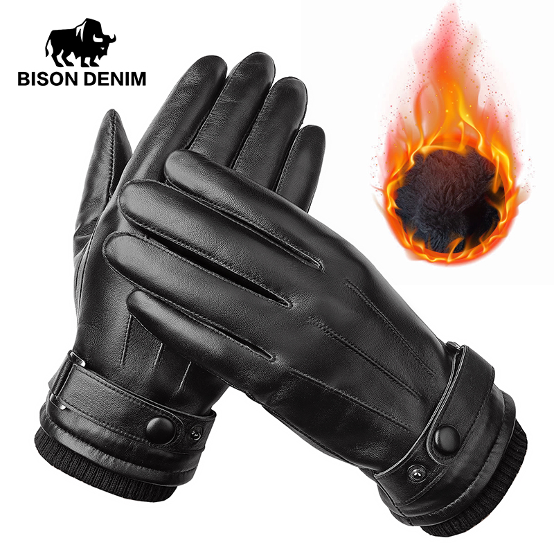 BISON DENIM guantes de piel de oveja auténtica para hombre Otoño Invierno a prueba de viento cálido Flleece pantalla táctil guantes de dedo completo para hombres