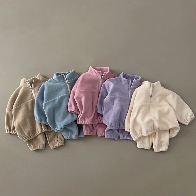 Otoño Invierno, traje deportivo para bebés y niñas, ropa para niños, sudaderas con capucha de Color sólido de lana, traje para niños y niñas, 2 uds.