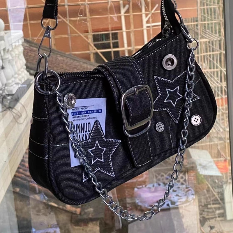 Y2k-Bolso de mano con estampado de estrellas para mujer, bandolera pequeña de lona con cadena, Estilo Vintage, a la moda