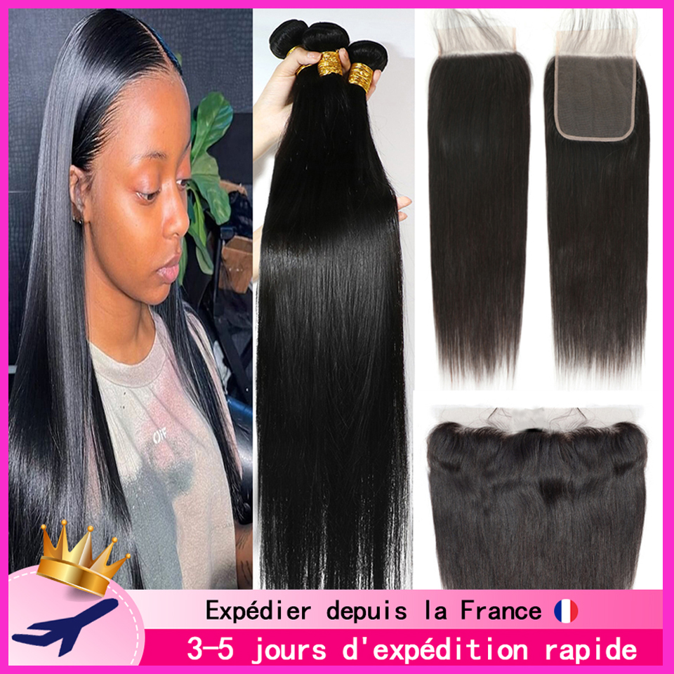 Extensiones de cabello humano brasileño, mechones con encaje Frontal 13x4, 4x4