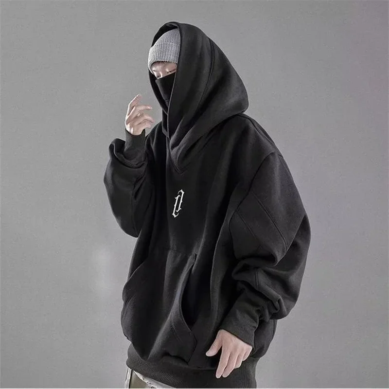 Sudadera con capucha de cuello alto con bordado de otoño para hombre, sudaderas con capucha de gran tamaño de Ninja japonés, ropa informal con bolsillo de lana de Hip Hop, Sudadera con capucha Y2K