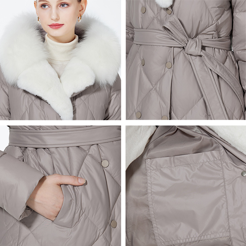ICEbear-Langer Luxusmantel mit Fellkapuze für Damen, winddichte gesteppte Parkas, Damengürtel, warmer Mantel, 2023, GWD3925I
