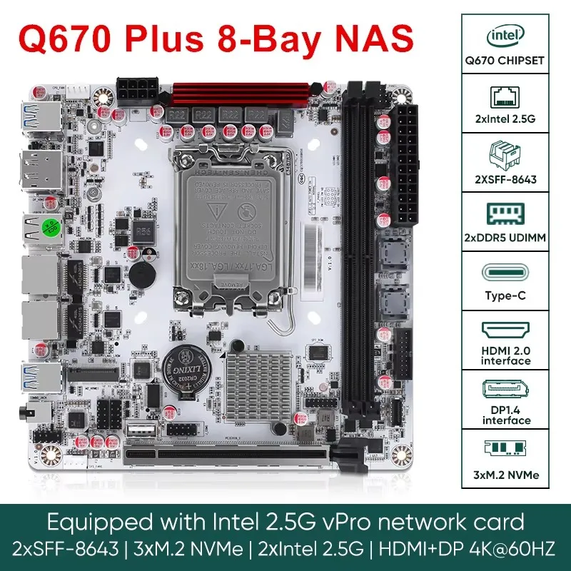 Placa base Topton 12/13/14th Gen LGA1700 CPU NAS Q670 Intel vPro 8 bahías 3x NVMe 2 * SFF-8643 enrutamiento suave 2 * DDR5 HDMI2.0