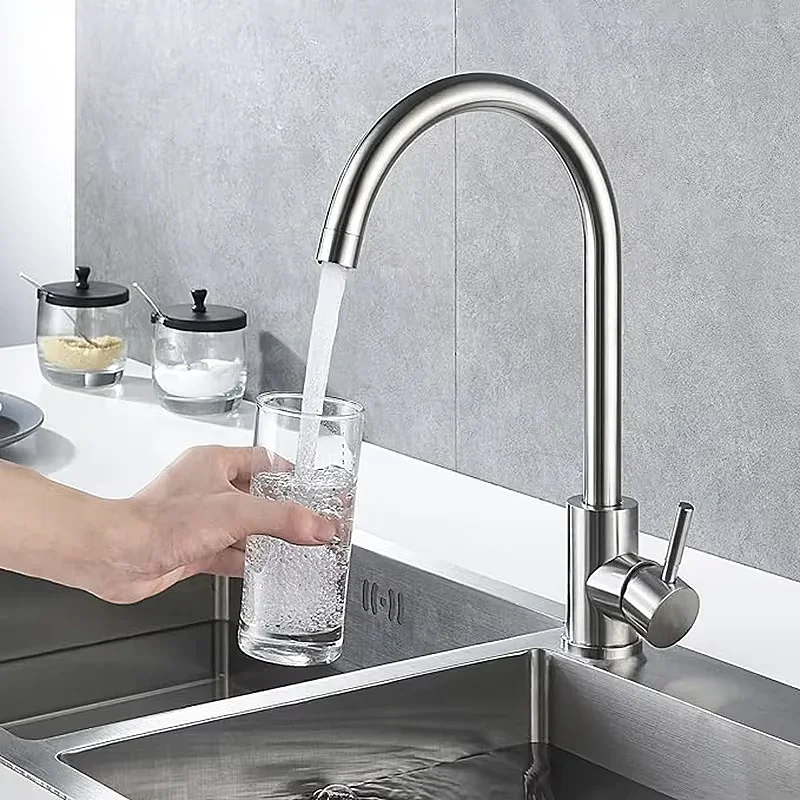 Кухонный смеситель из нержавеющей стали 304, смеситель для горячей и холодной воды, вращение на 360 градусов, установка раковины, поставляется со шлангом 60 см.