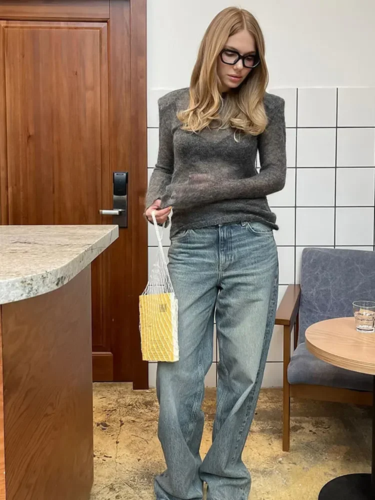 Moda Solidny okrągły dekolt Cienki sweter z dzianiny Elegancki sweter z długim rękawem Bodycon 2024 Nowa jesienna odzież uliczna dla kobiet dojeżdżających do pracy