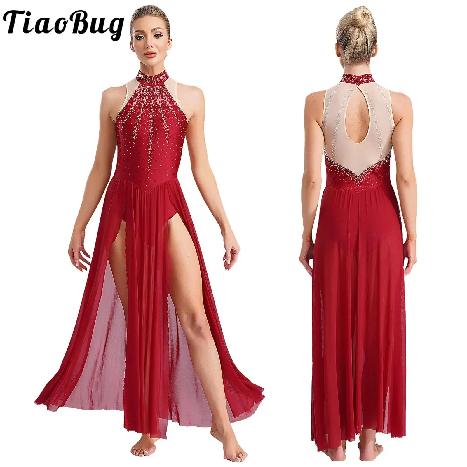 Modernes lyrisches Tanzkleid für Damen, ärmellos, geteilt, durchsichtiges Mesh, Ballett-Gymnastik-Trikotkleid, zeitgenössische Performance-Tanzkleidung