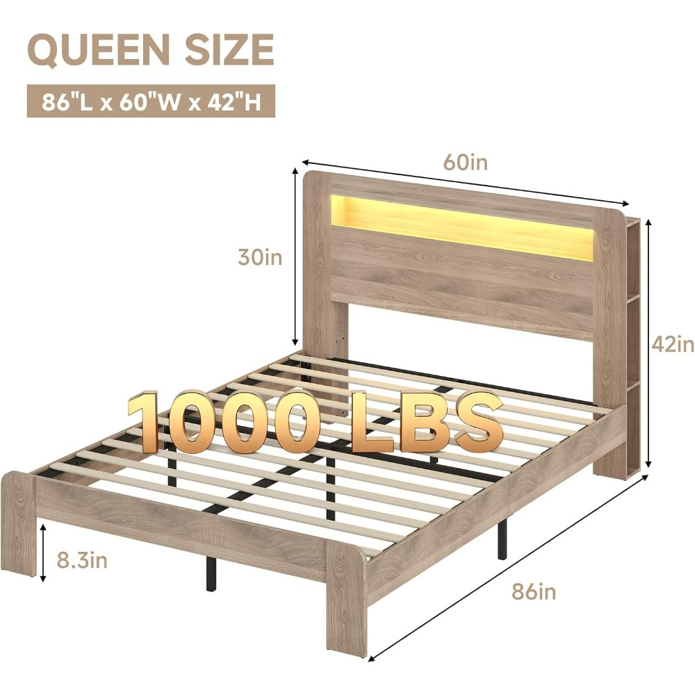 Queen Bed Frame with Headboard, LED Lights, Charging Station with 2 USB Ports & 2 AC Outlets, Sturdy Wood Framework, Noiseless
