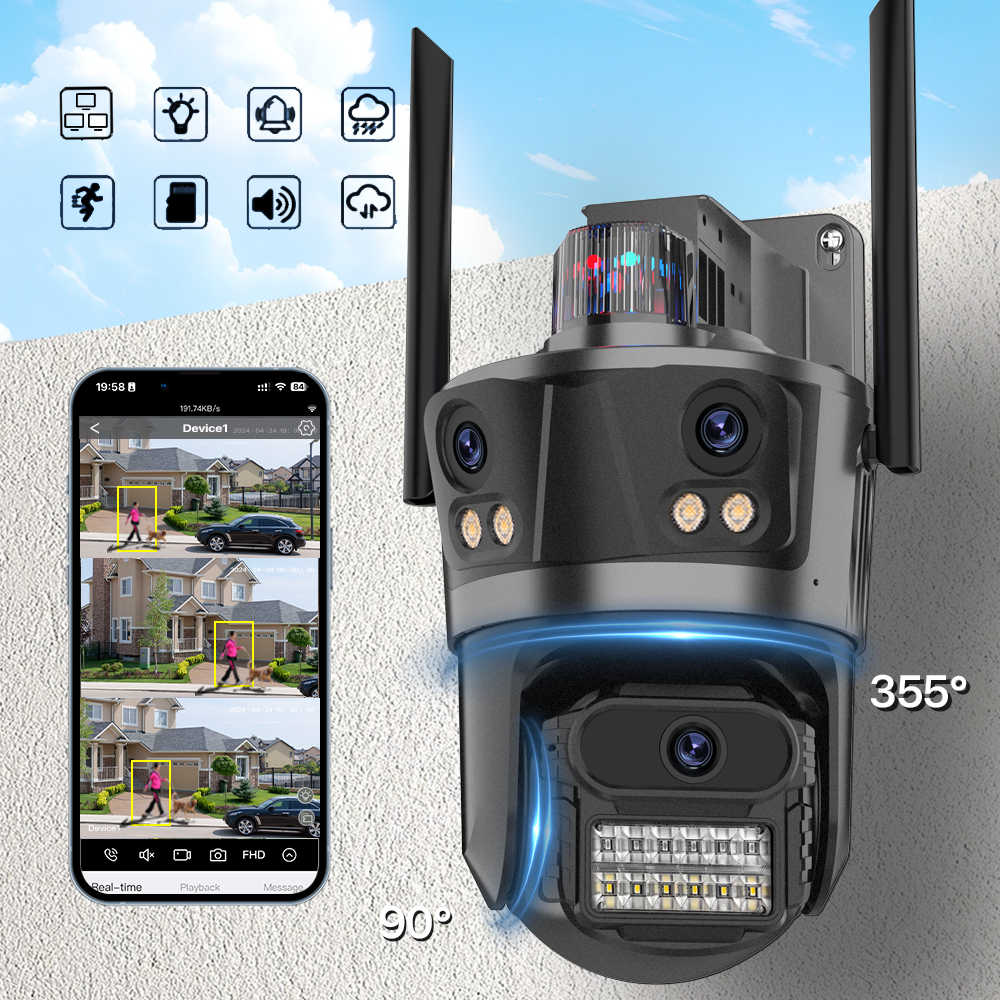 6K WiFi Camera 3 obiettivo telecamera PTZ a tre schermi 3K protezione di sicurezza Wireless Cam Ai rilevamento umano telecamera di sicurezza impermeabile