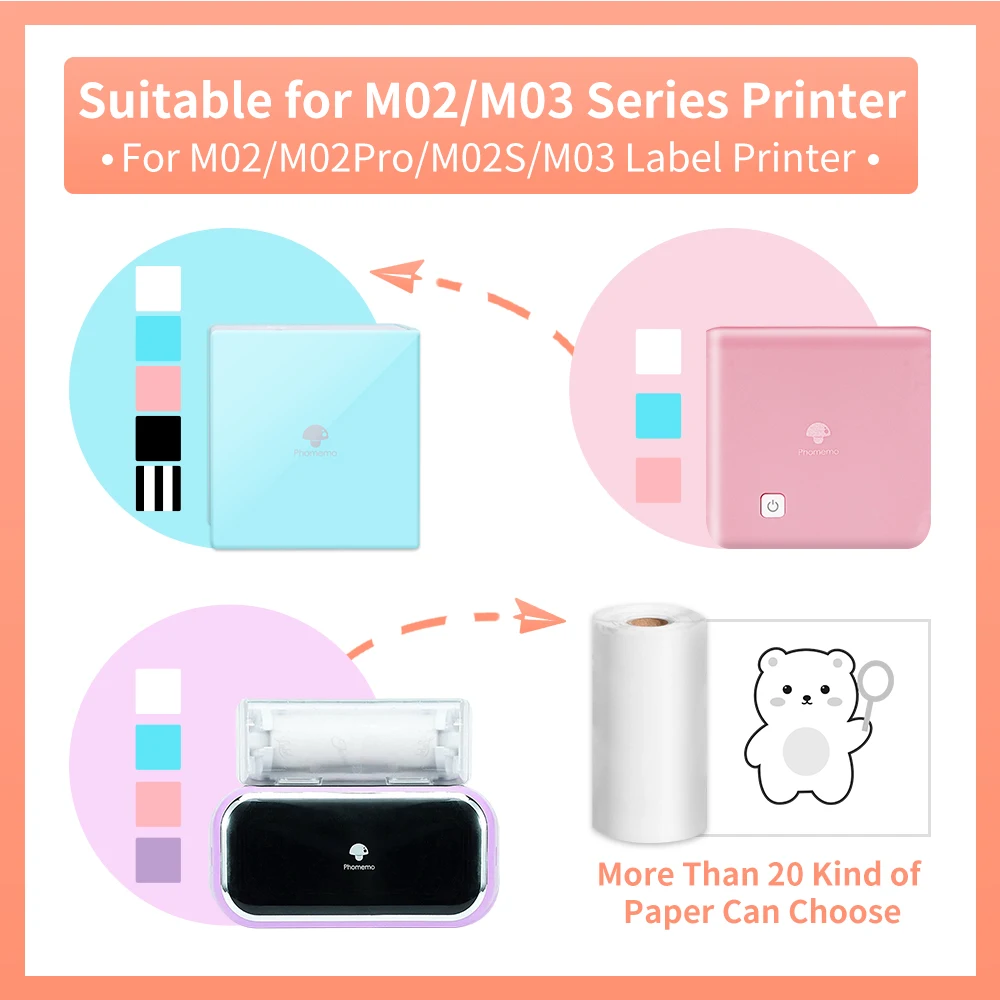 Phomemo Adhesive Thermal Sticker Paper,White/Transparent/Semi-Transparent Thermal Printer,for M02/M02 Pro/M02S/M03/M03AS/M04S