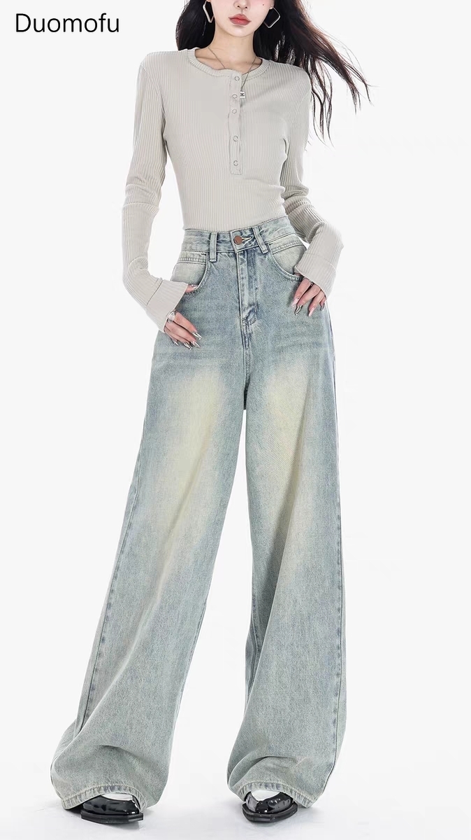 Duomofu-pantalones vaqueros holgados para mujer, Jeans rectos de longitud completa, color azul claro, Vintage, clásico, botón Simple, moda informal, otoño