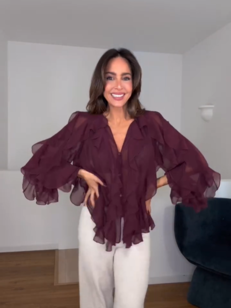 แฟชั่นผู้หญิง Multi Layered Ruffled เสื้อเซ็กซี่ดูผ่าน V คอยาวแขนยาวเสื้อยืดฤดูใบไม้ผลิ Lady Tops