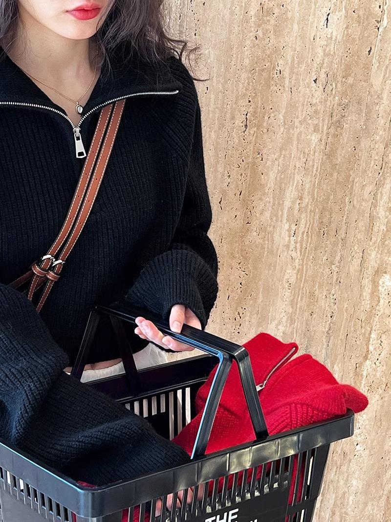 Red Knitted Sweater Women's High Waist Loose Fit Half High Collar Zipper Design Autumn Winter New Sle Commute Korean Version