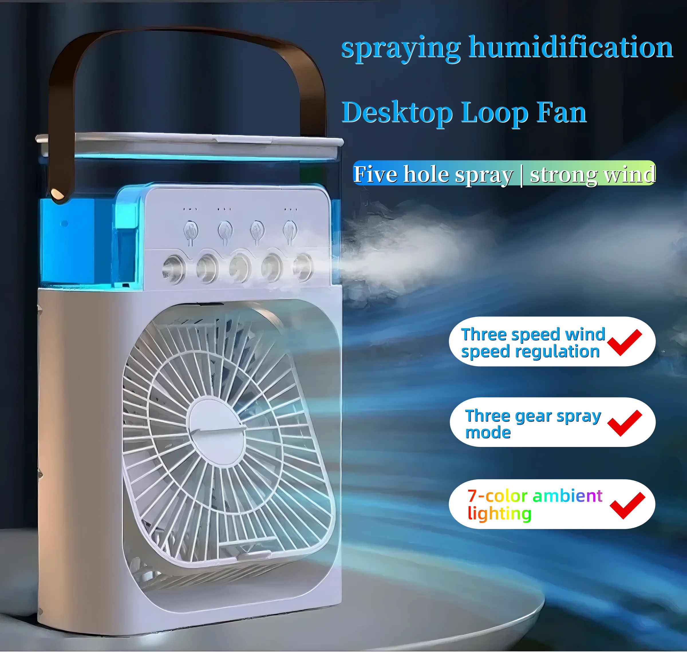 Ventilador de pulverización portátil para el hogar, Enfriador de aire pequeño tres en uno, luz nocturna LED de 7 colores, humidificador de 5 orificios, temporizador de 1-3 horas