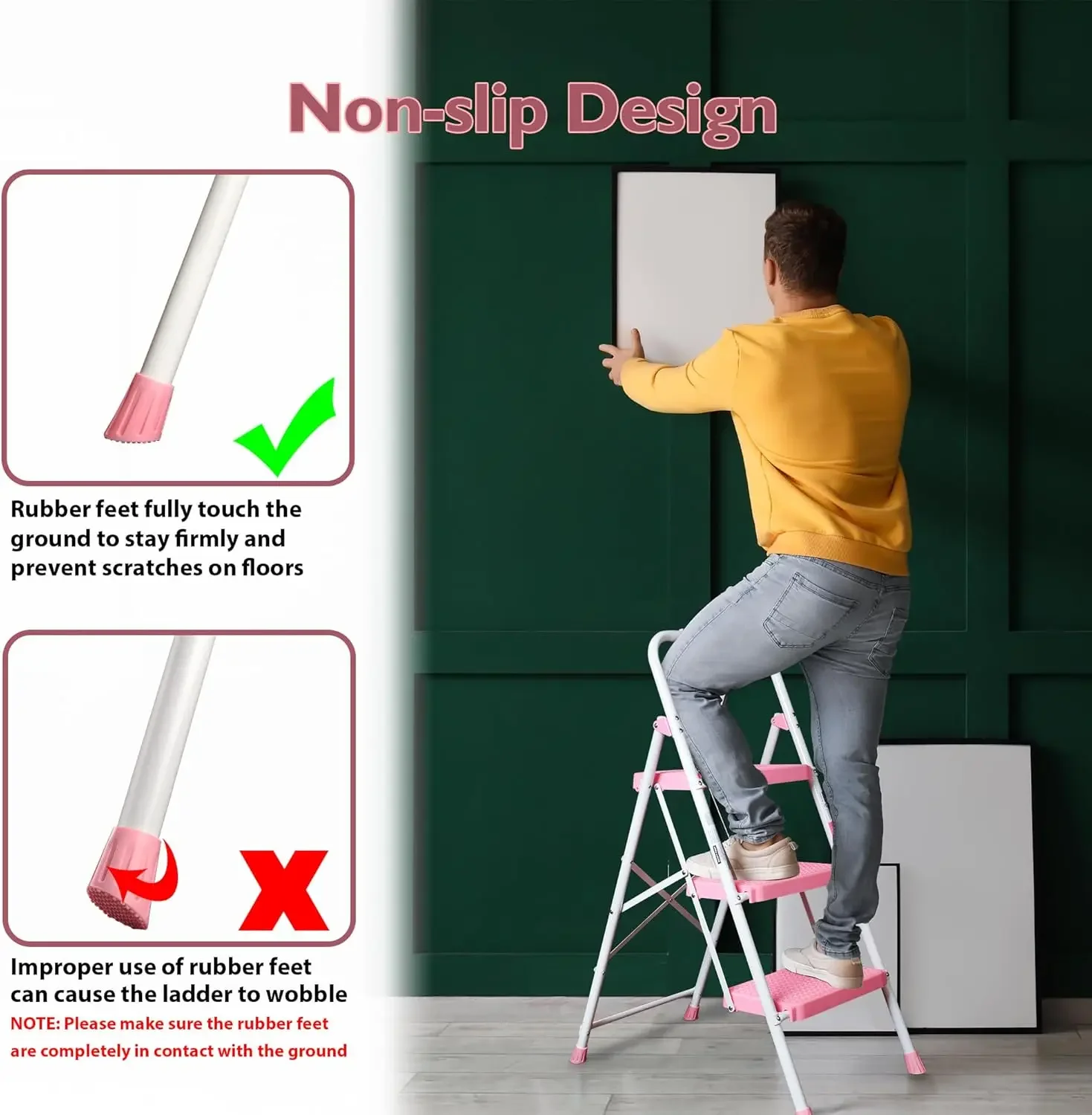 （Free shipping）   Ladder with Non-Slip and Wide Pedal, Small Ladder with Handle, Sturdy Steel Ladder, Lightweight and Porta