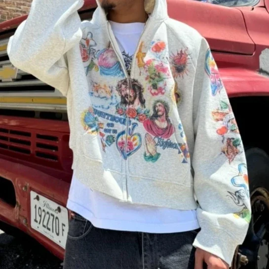 Fmxires2025 Ropa informal de calle Sudadera con capucha estampada con patrón retro Sudadera con capucha holgada para hombre Sudadera con capucha deportiva de moda de rock gótico