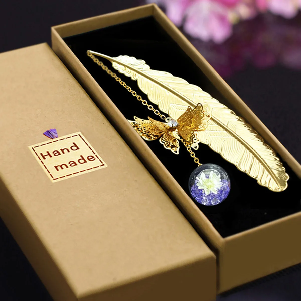 1pc segnalibro di piume di metallo in stile cinese creativo immortale fiori secchi farfalla foglia studente segnalibro regalo per il giorno dell'insegnante