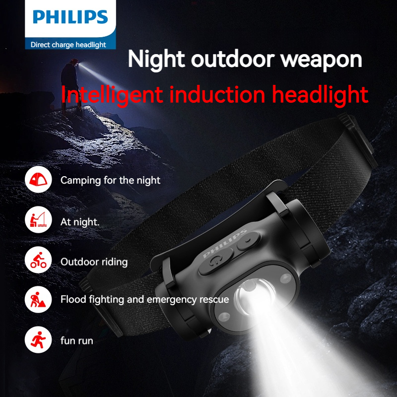 PHILIPS-linterna frontal LED con Sensor, faro recargable tipo C para exteriores, Camping y pesca, diez tipos de iluminación