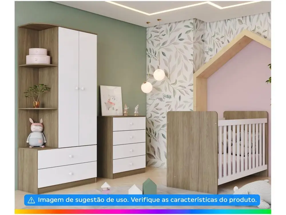 Quarto de Bebê Completo com Guarda-roupa Berço e Cômoda Henn Labirinto Rústico e Branco