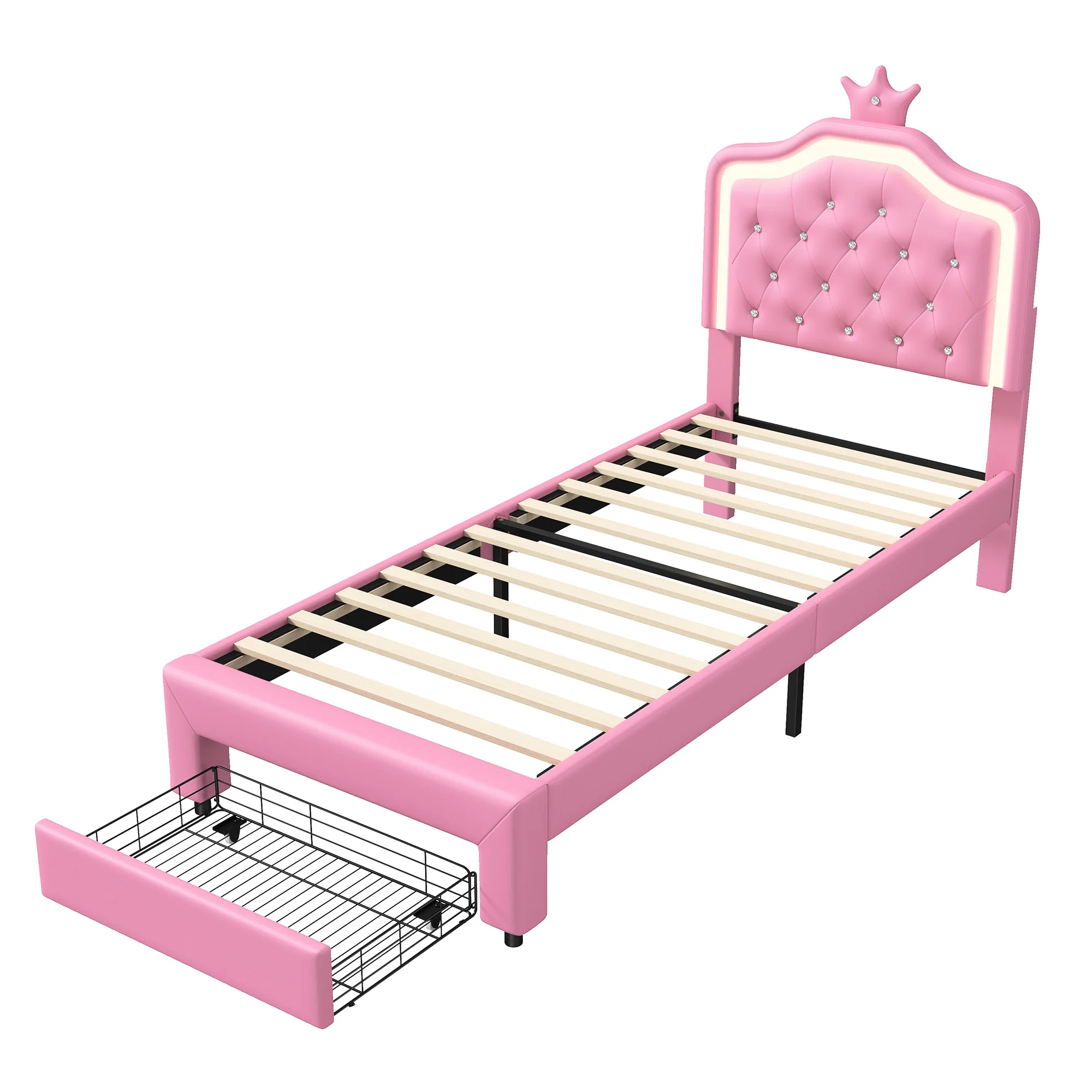 Cama infantil com gaveta e luz, cabeceira de PU Crown Design, cama de solteiro, mobília do quarto, sem colchão, 90x200cm