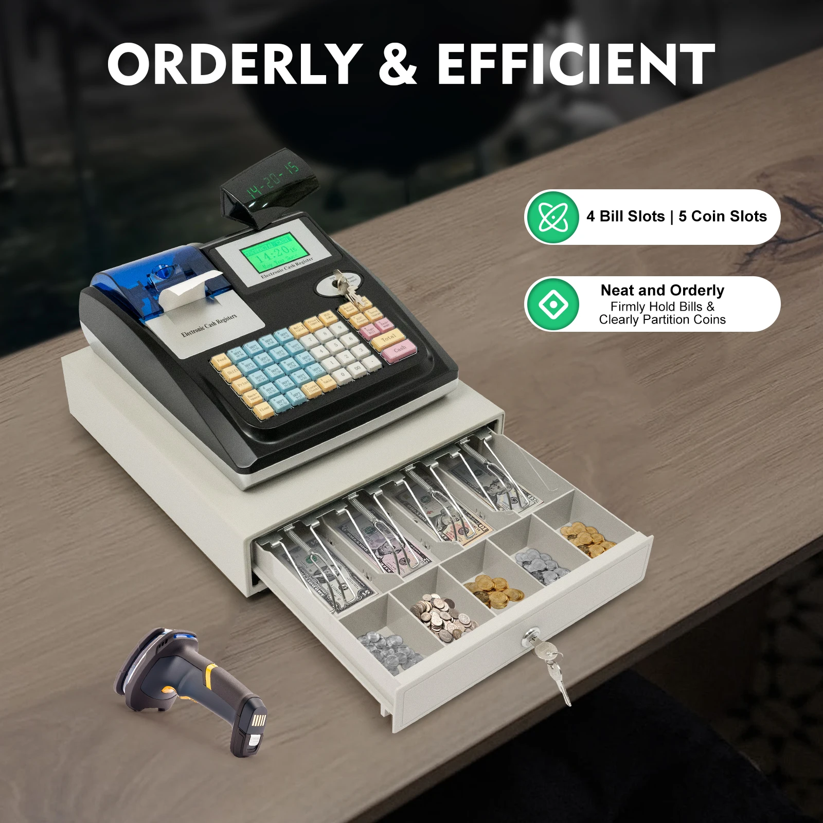 Electronic Cash Register with Drawer Box Intelligent cash register computer Digital LED Display 48-Keys POS Cashier