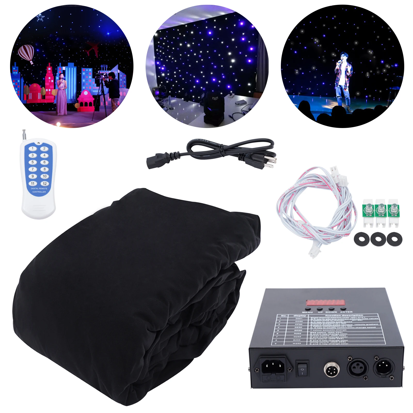 White&Blue LED Backdrop Curtain Double-Layer Velvet - About 216 LED Beads&60W Power, 9.84*13.12Ft Size&Indoor/Outdoor Applicable