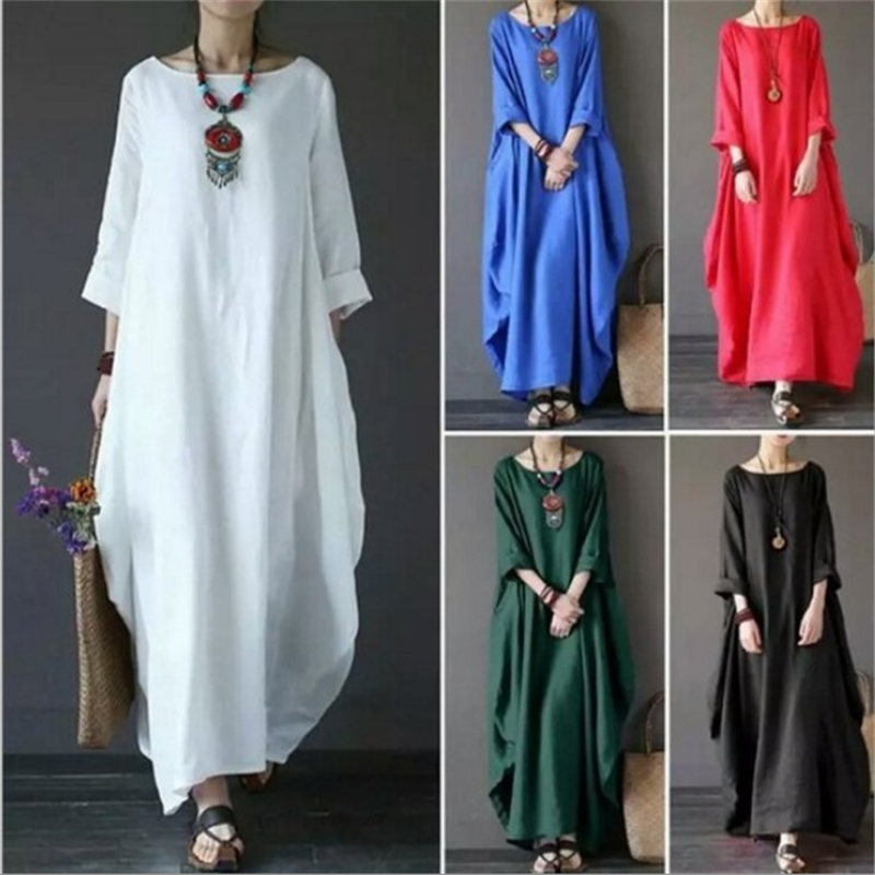 Mùa Xuân Năm 2022 Mới Rời Kích Thước Vòng Cổ Giữa Tay Lớn Đầm Cotton Và Vải Lanh Áo Dài