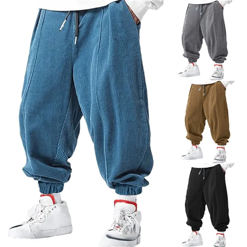 Lässige, lockere Herrenhose mit Kordelzug für den Herbst – modische High-End-Hip-Hop-Stil aus Premium-Cord – trendige Hose mit Bündchen