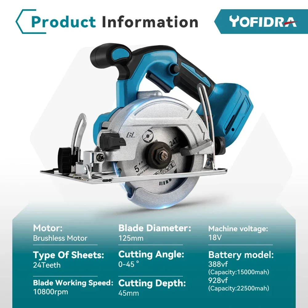 Yofidra Brushless 5 นิ้ว 125 มม.ไฟฟ้าเลื่อยวงเดือนปรับสําหรับงานไม้ไฟฟ้าตัดเครื่องมือสําหรับ Makita 18V แบตเตอรี่