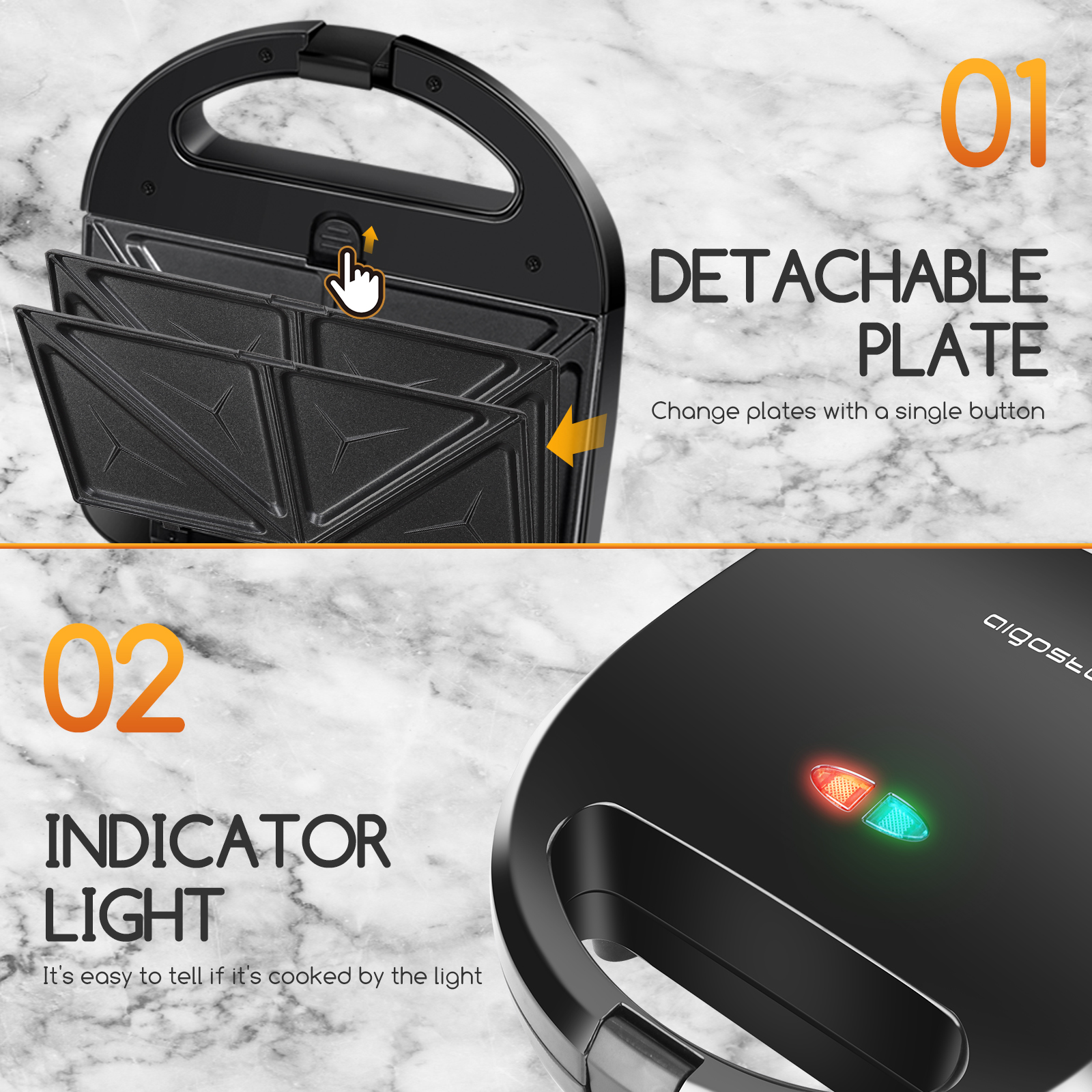 Sandwichera 3 en 1: Sandwichera Eléctrica, Grill y Gofrera, 3 Placas Desmontables Antiadherentes e Intercambiables, Termostato, Asa Tacto Frío, Almacenamiento Vertical, 750 W