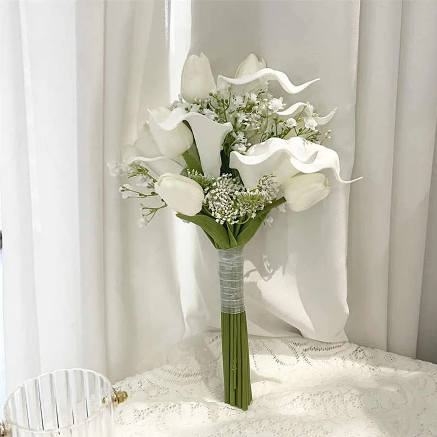 ช่อดอกไม้งานแต่งงานประดิษฐ์ Calla Lily ช่อดอกไม้เจ้าสาวถือดอกไม้สําหรับเพื่อนเจ้าสาวดอกไม้งานแต่งงานเจ้าสาวอุปกรณ์เสริม