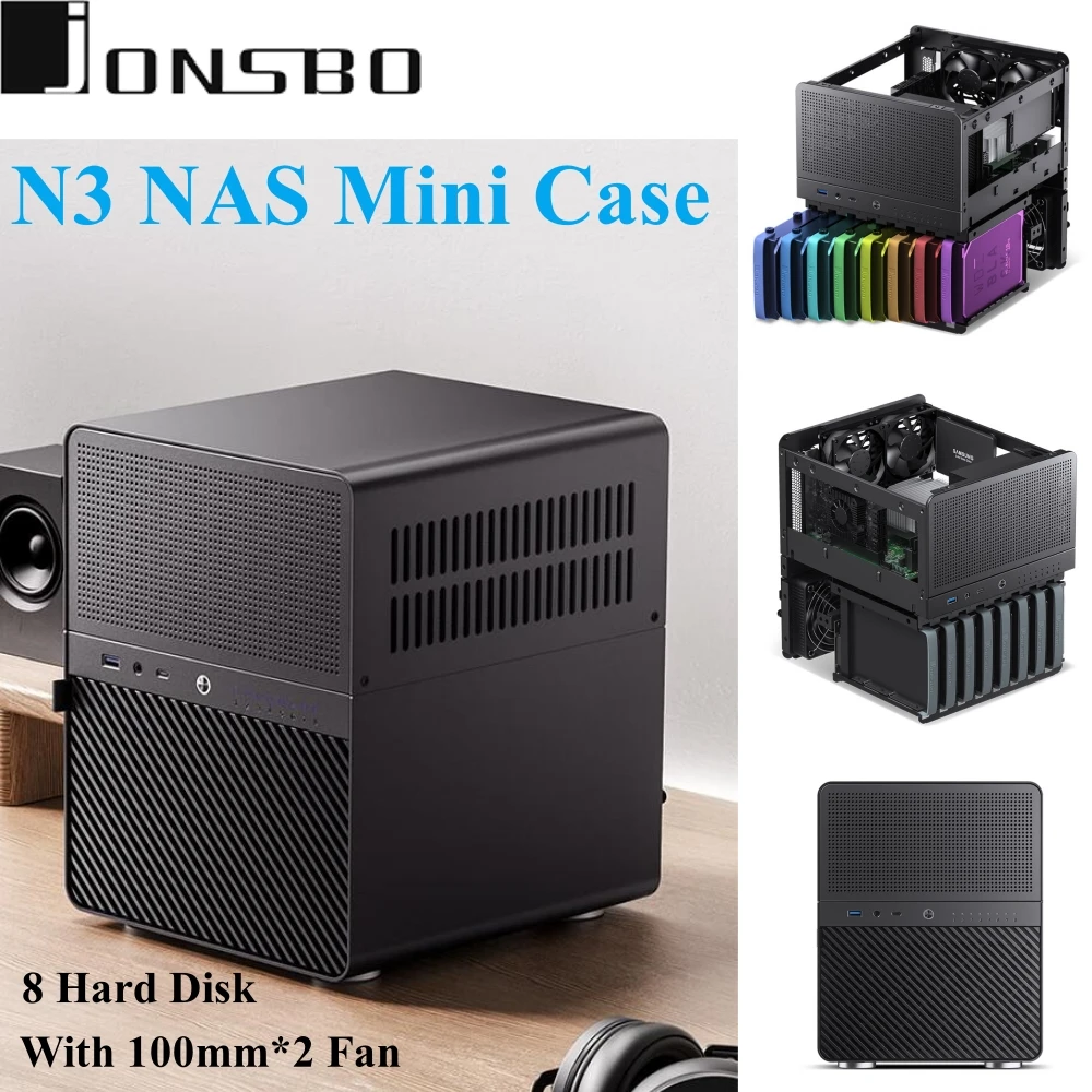 JONSBO N3 NAS мини-флешка, универсальное алюминиевое шасси ITX, 8 жестких дисков, поддержка ЦП 130 мм, охладитель 250 мм, графическая карта с вентилятором 100 мм * 2