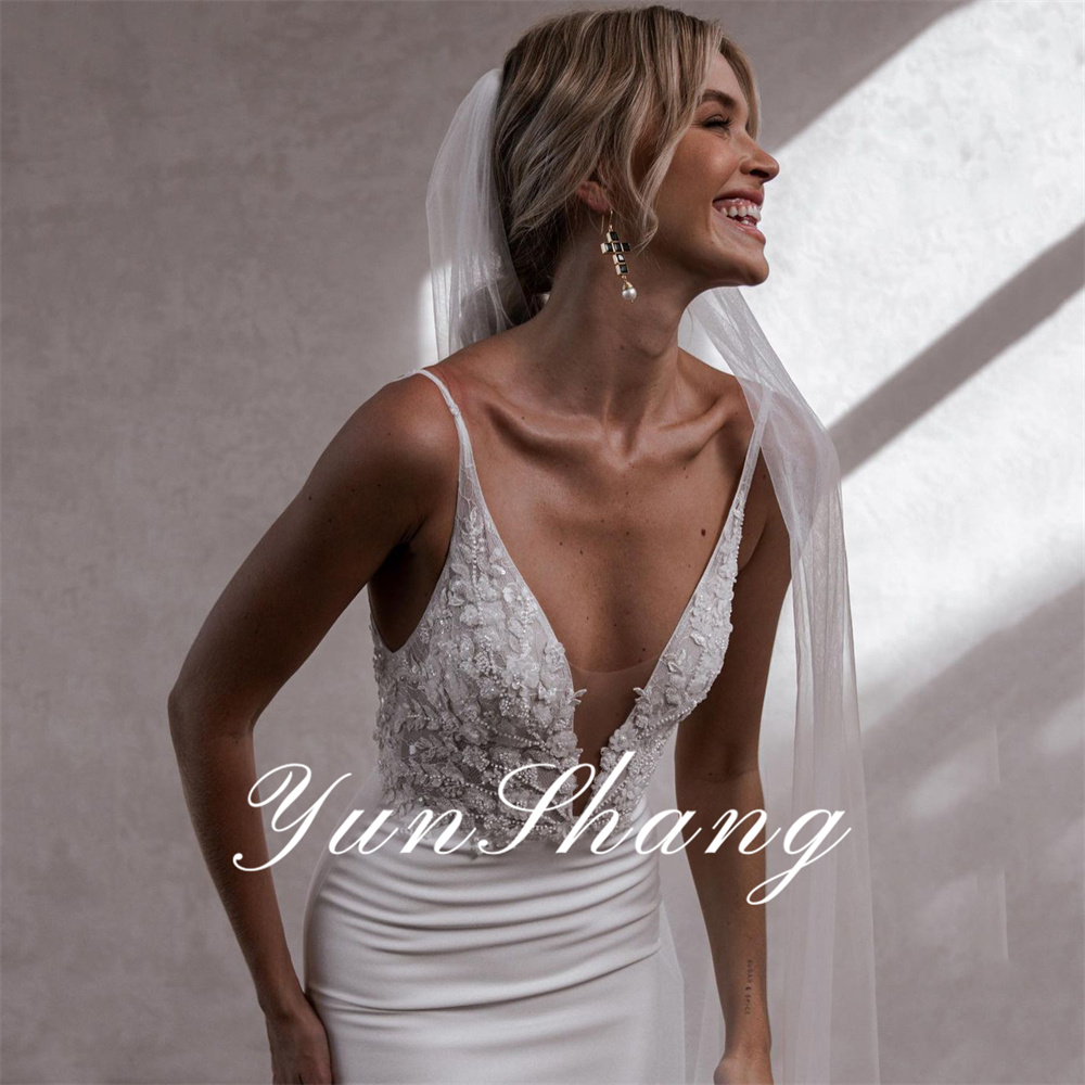 Yunshang Meerjungfrau Brautkleider Spitze V-ausschnitt Spaghetti-trägern Open Back Elegante Brautkleid Zug Vestidos De Novia Angepasst