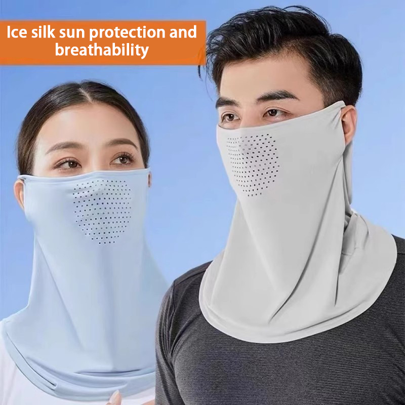 1pc respirável orelha pendurado máscara de proteção solar pescoço capa gelo seda rosto cheio uma peça máscara facial ao ar livre cachecol verão.