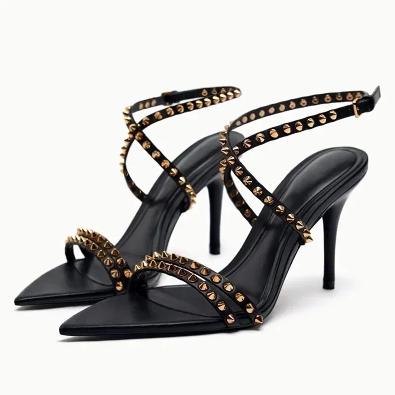 Luxury Designer Rivet Embellished Thin Heeled Sandals Women Summer Sexy Pointed Toe Ankle Strap High Heels Elegant Party Shoes